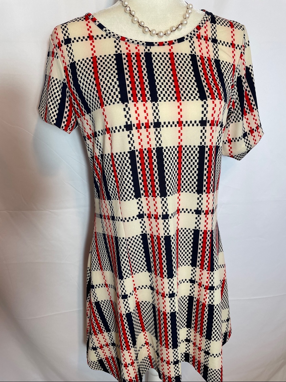 Firmiana; Plaid, Cream and Red Asymetrical Handkerchief Hem Tunic Dress.